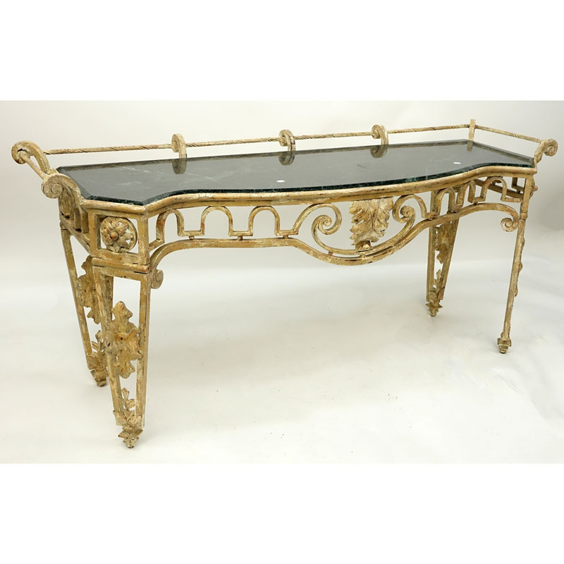 Mid Century Louis XV Style Painted Italian Wrought Iron and Green Marble Console Table