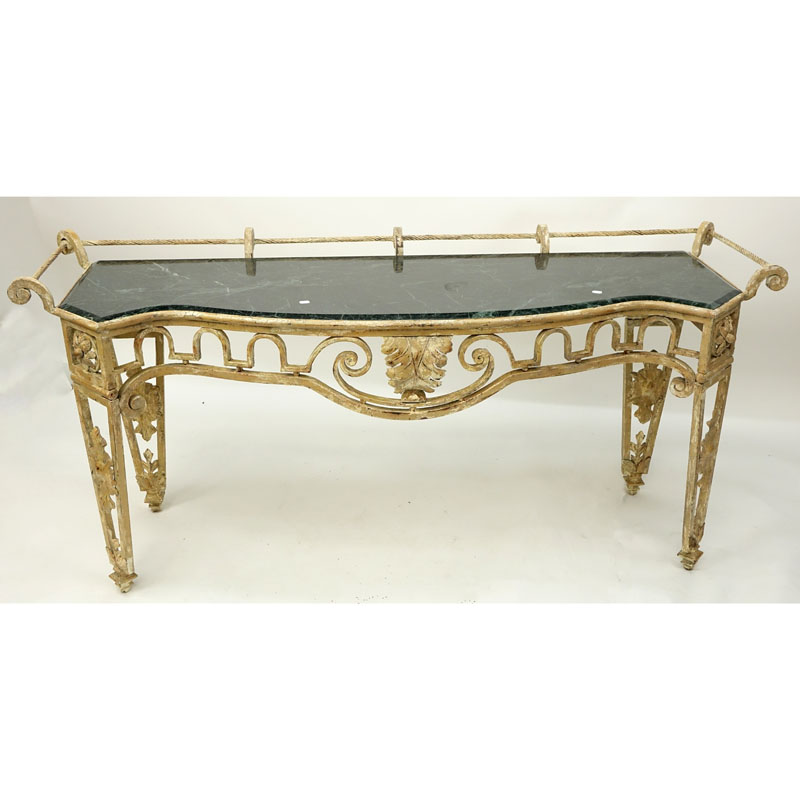 Mid Century Louis XV Style Painted Italian Wrought Iron and Green Marble Console Table