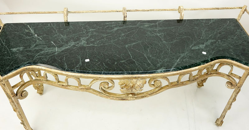 Mid Century Louis XV Style Painted Italian Wrought Iron and Green Marble Console Table