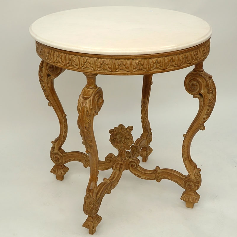 Mid Century French Louis XVI Style White Marble Top Round Side Table