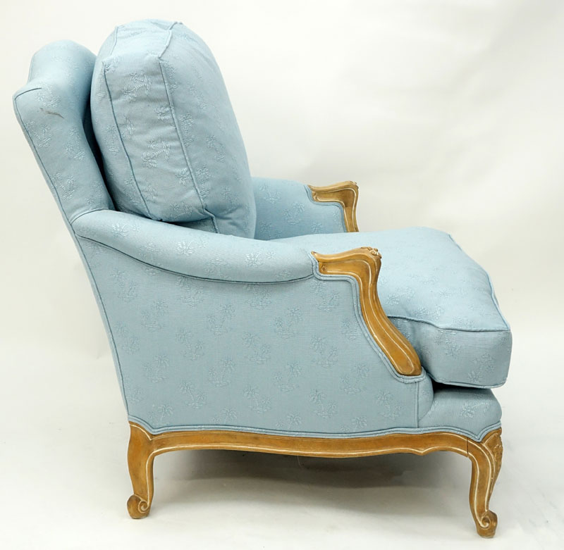 Vintage Carved Wood and Blue Upholstered Bergere Chair