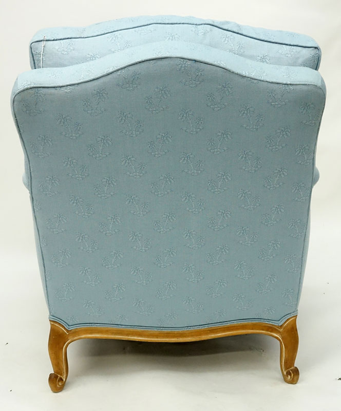 Vintage Carved Wood and Blue Upholstered Bergere Chair