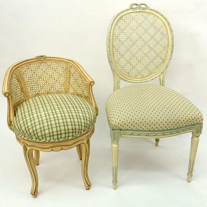 Grouping of Two (2) Mid Century Carved Wood and Upholstered Louis XVI Style Chairs