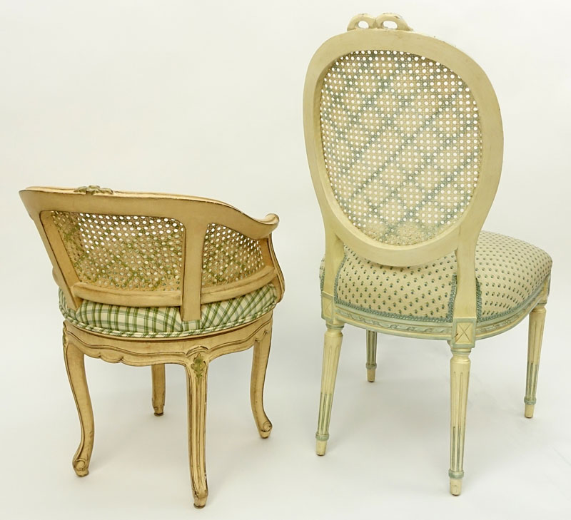 Grouping of Two (2) Mid Century Carved Wood and Upholstered Louis XVI Style Chairs