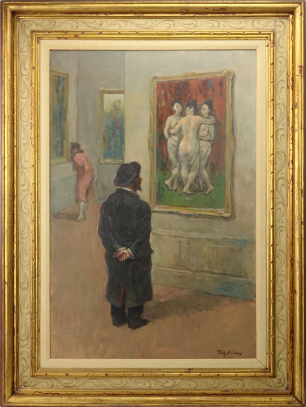 Tully Filmus, American/Russian (b.1903) oil on canvas "Rabbi In Gallery" Signed lower right.