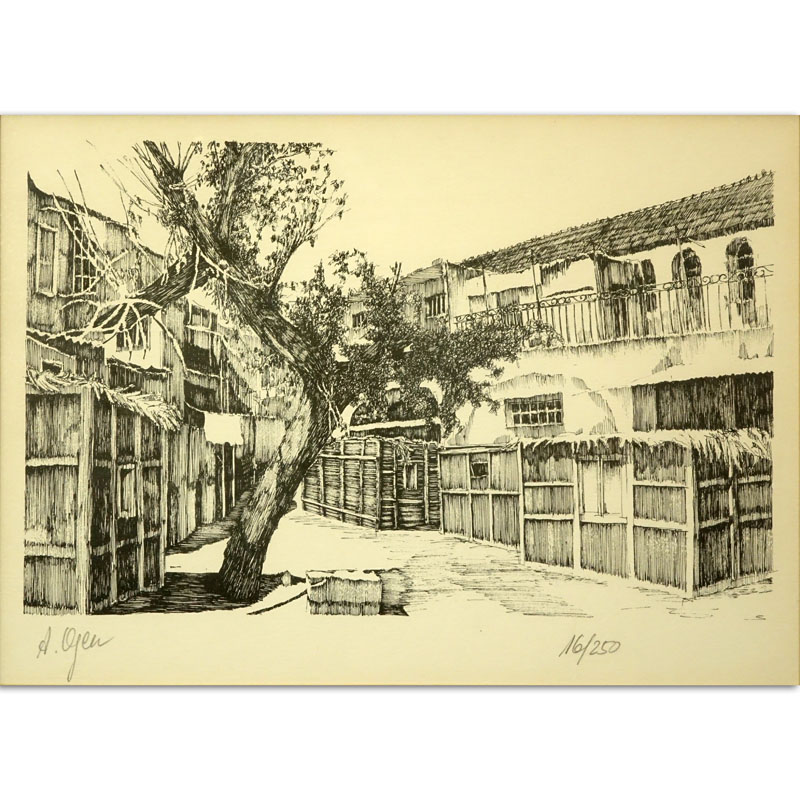 Ari Ogen, Israeli (20th Century) Original Etching "Tree near Village" Pencil Signed and Numbered 16/250