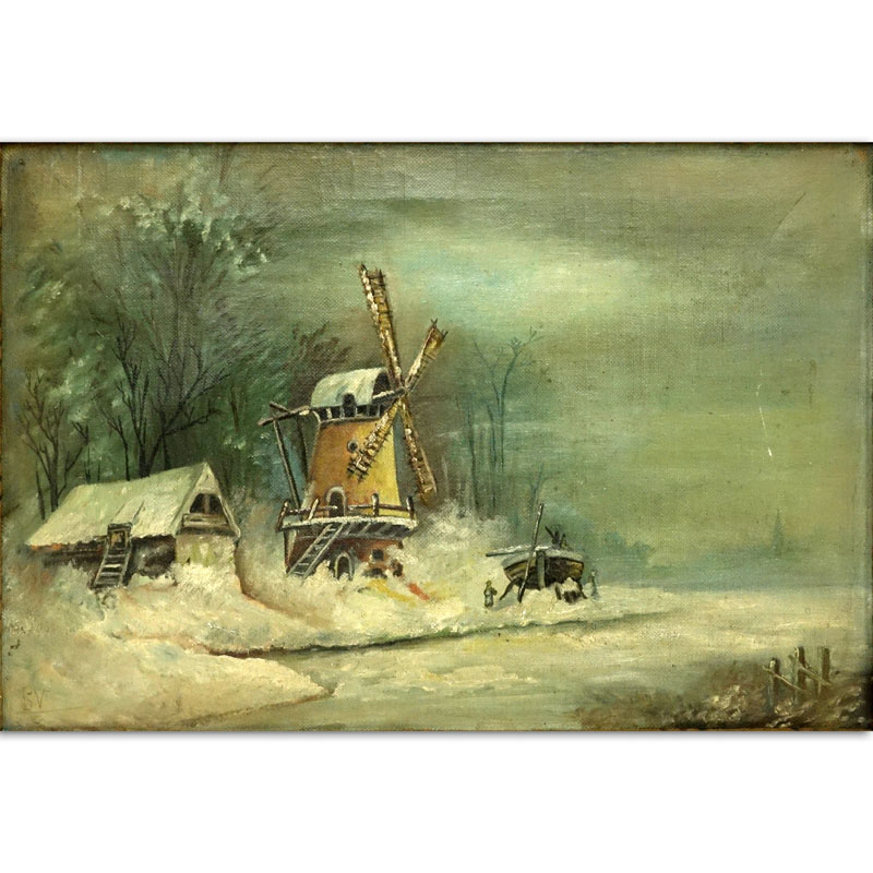 Antique Dutch School Oil On Canvas "Winter Landscape"