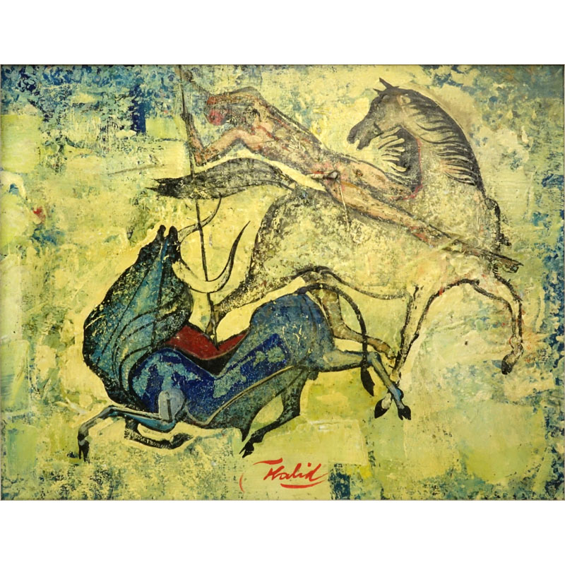 Khaled Al-Rahhal, Iraqi (1926-1987) Oil on Board "The Hunt" Signed Lower