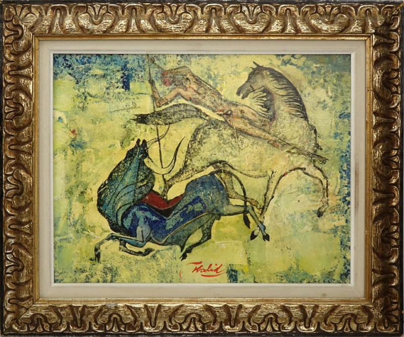 Khaled Al-Rahhal, Iraqi (1926-1987) Oil on Board "The Hunt" Signed Lower