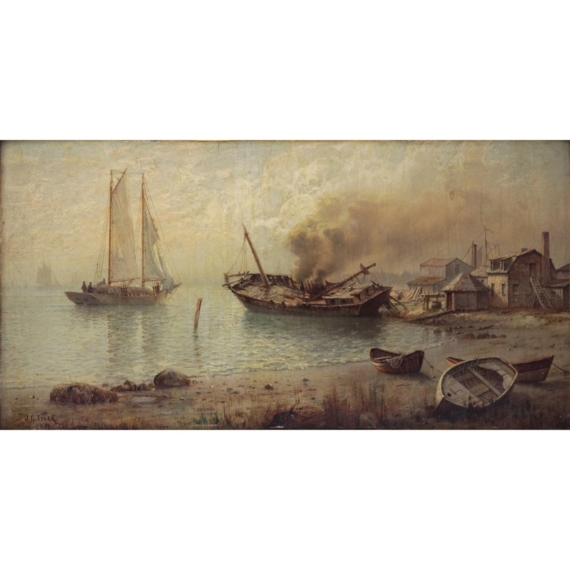 James Gale Tyler, American  (1855-1931) Oil on Panel "Burning a Wreckage" Signed Lower Left Dated 1884