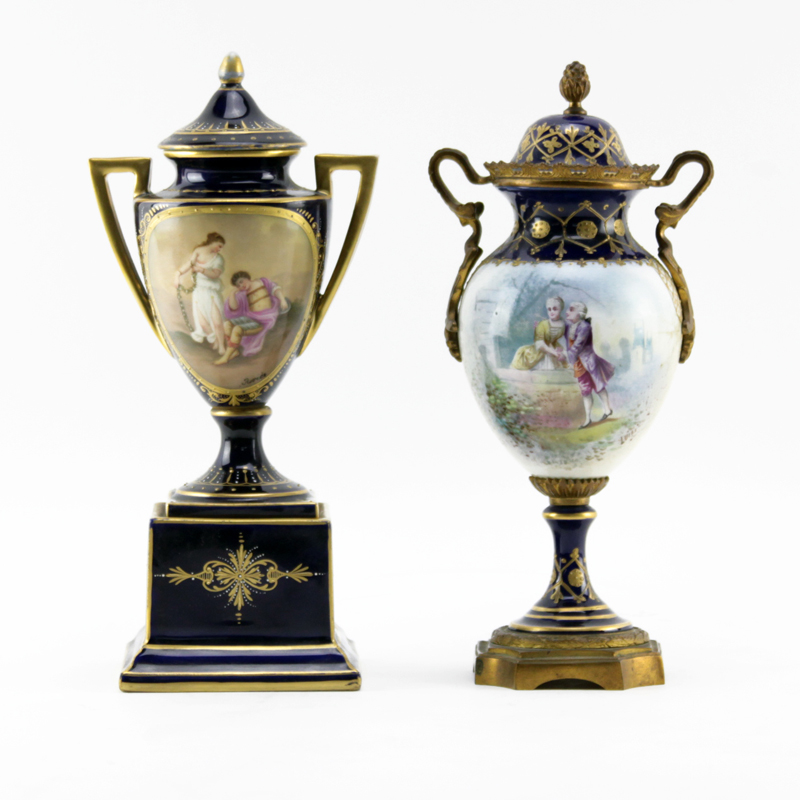 Grouping of Two (2) 19th Century Hand Painted Porcelain Covered Urns