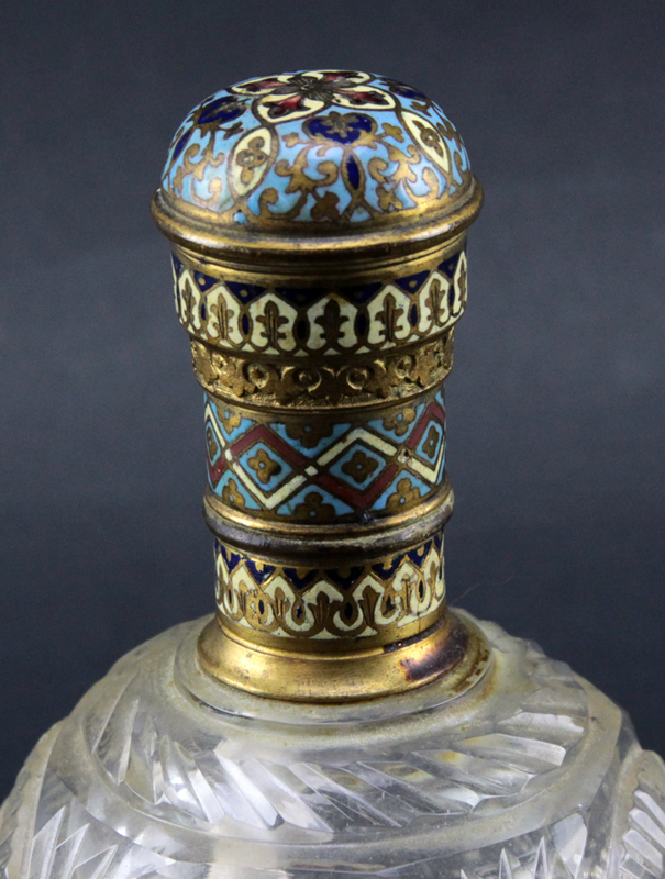 Antique French Champlevé Enamel and Crystal Perfume Bottle