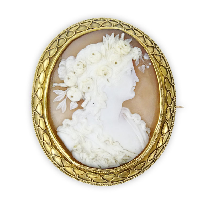 Antique Carved Shell Cameo and 10 Karat (or lower) Yellow Gold Pendant Brooch