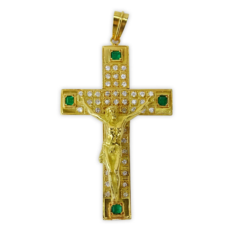 Vintage Heavy 18 Karat Yellow Gold Cross Pendant accented with Round Cut Diamonds and Emerald Cut Emeralds