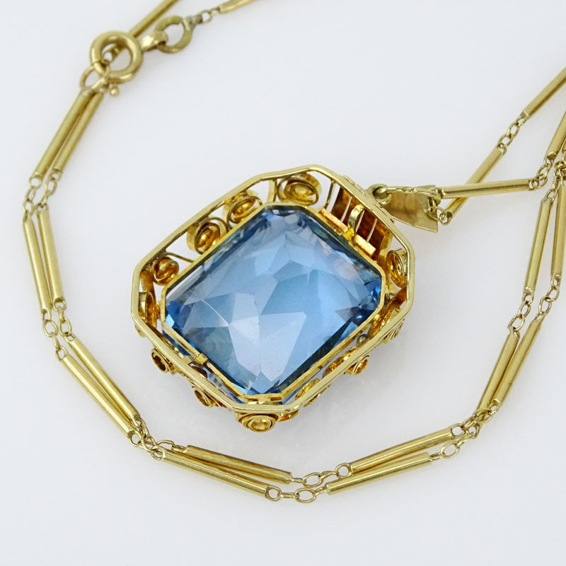 Large London Blue Topaz and 14 Karat Yellow Gold Pendant Necklace