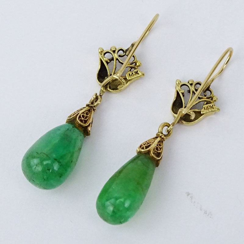 Vintage Tear Drop Emerald and 14 Karat Yellow Gold Pendant Earrings