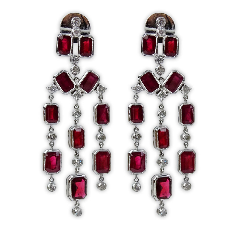  14.58 Carat Ruby, 1.60 Carat Round Brilliant Cut Diamond and 18 Karat White Gold Chandelier Earrings. 