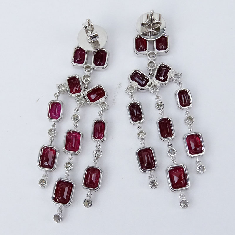  14.58 Carat Ruby, 1.60 Carat Round Brilliant Cut Diamond and 18 Karat White Gold Chandelier Earrings. 