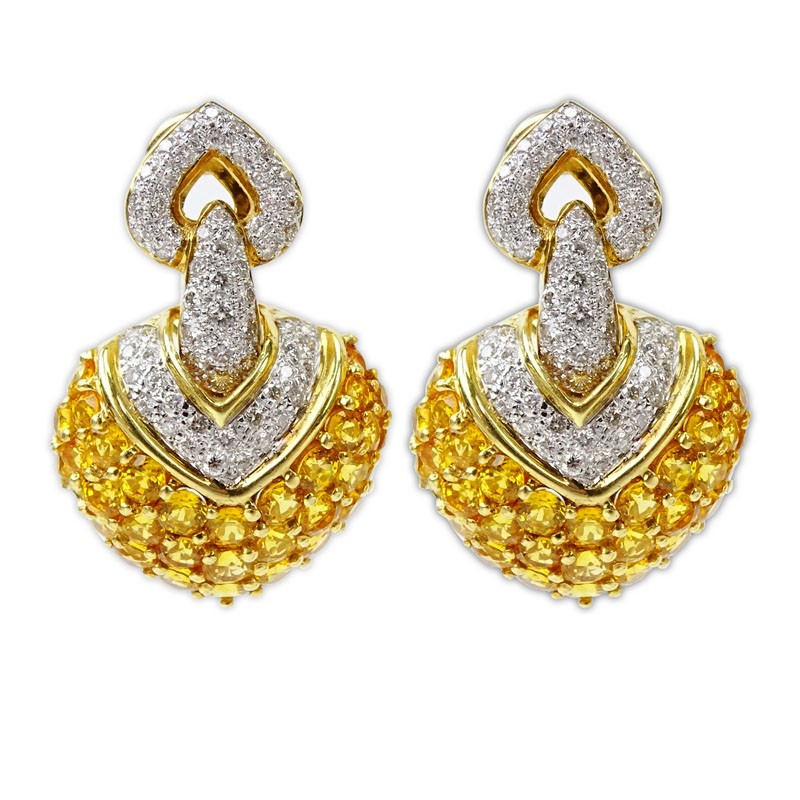 23.50 Carat Round Cut Natural Yellow Sapphire, 1.50 Carat Diamond and 18 Karat Yellow Gold Earrings