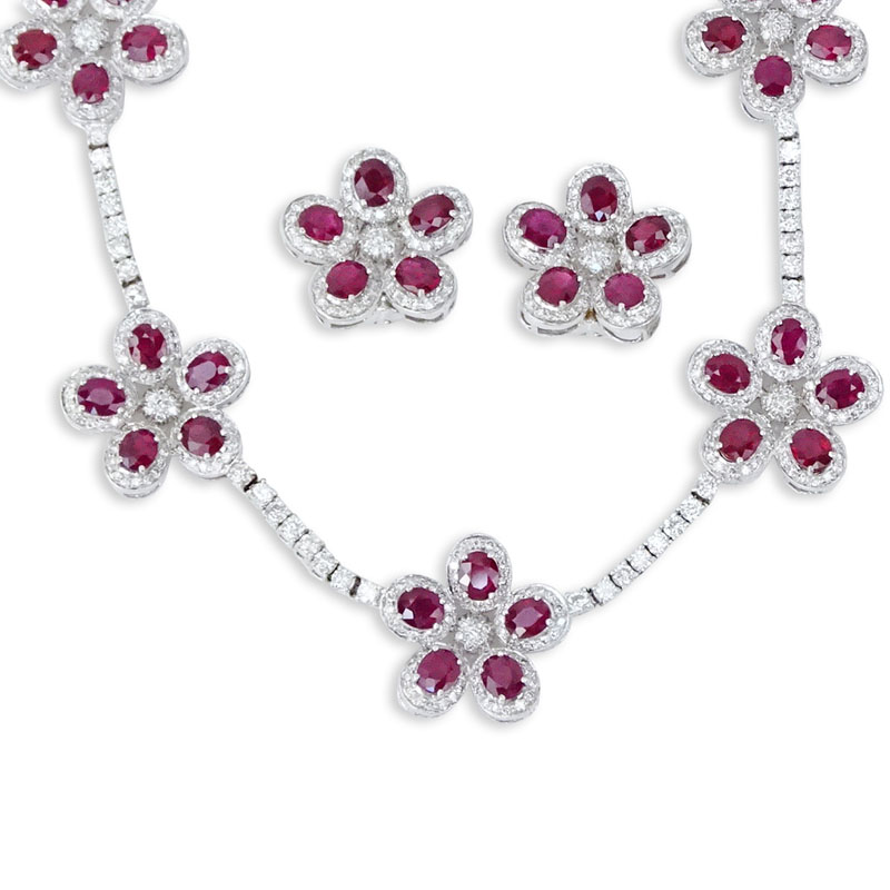 27.80 Carat Oval Cut Ruby, 12.18 Carat Round Brilliant Cut Diamond and 18 Karat White Gold Necklace and earring Suite. 