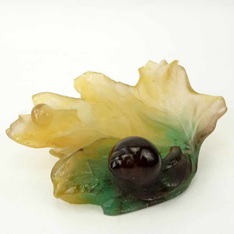 Vintage French Pate De Verre Vide Poche "Snail On Leaf"