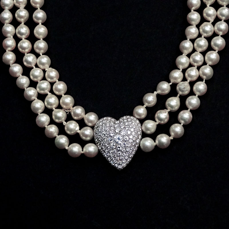 Vintage Three Strand 7.5mm White Pearl Necklace Accented with Approx. 5.0 Carat Pave Set Round Brilliant Cut Diamond and 14 Karat White Gold Heart