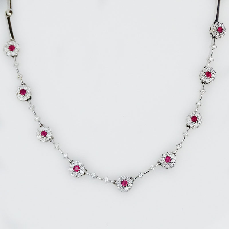 Delicate 14 Karat White Gold, Diamond and Ruby Necklace