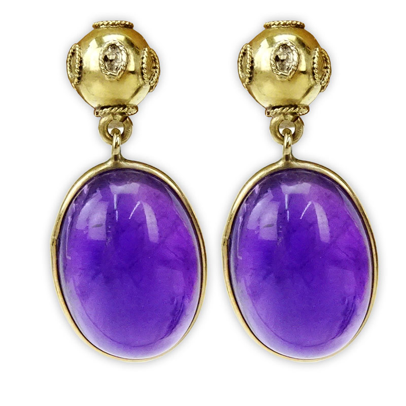 Cabochon Amethyst and 14 Karat Yellow Gold Earrings