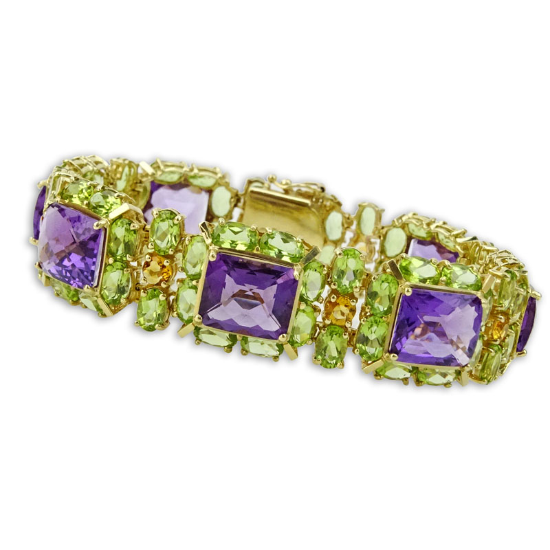 Retro Circa 1950s Amethyst, Peridot, Citrine and 14 Karat Yellow Gold Bracelet