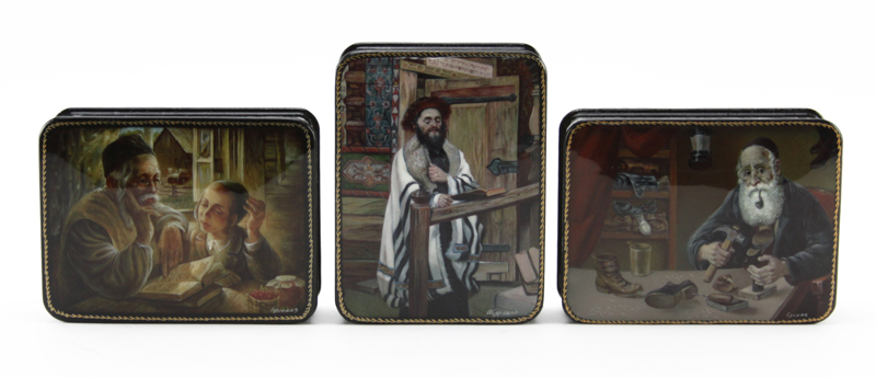 Grouping of Seven (7) Vintage Russian Judaica Lacquered Boxes