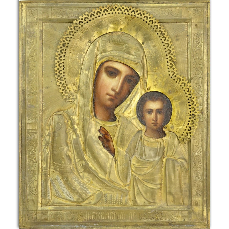 19th Century Hand Painted Russian Icon With Brass Overlay On Board