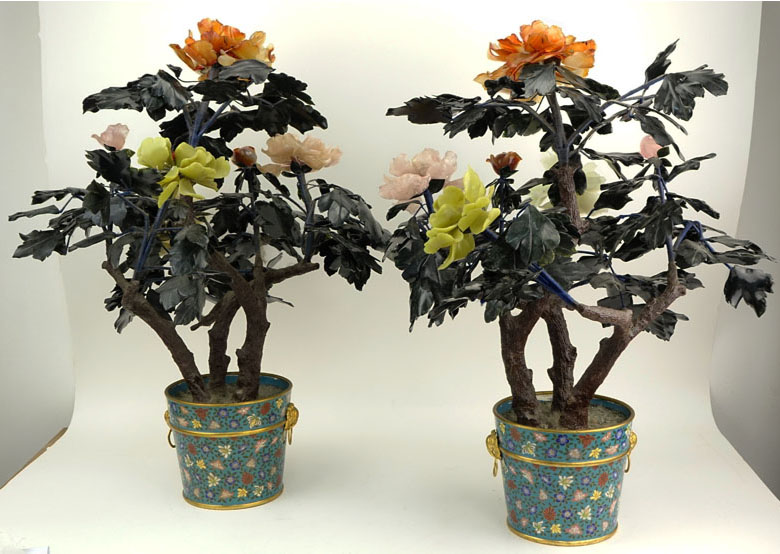 Pair of Large Vintage Chinese Gemstone Ming Trees in Cloisonne Bases