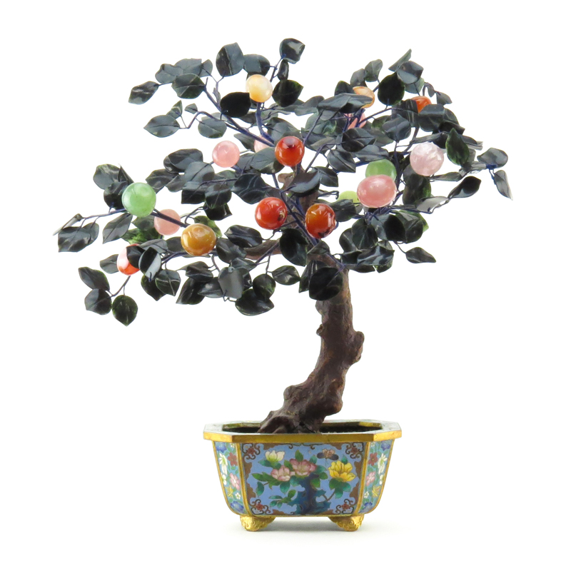 Large Vintage Chinese Gemstone Peach Tree in Cloisonne Base