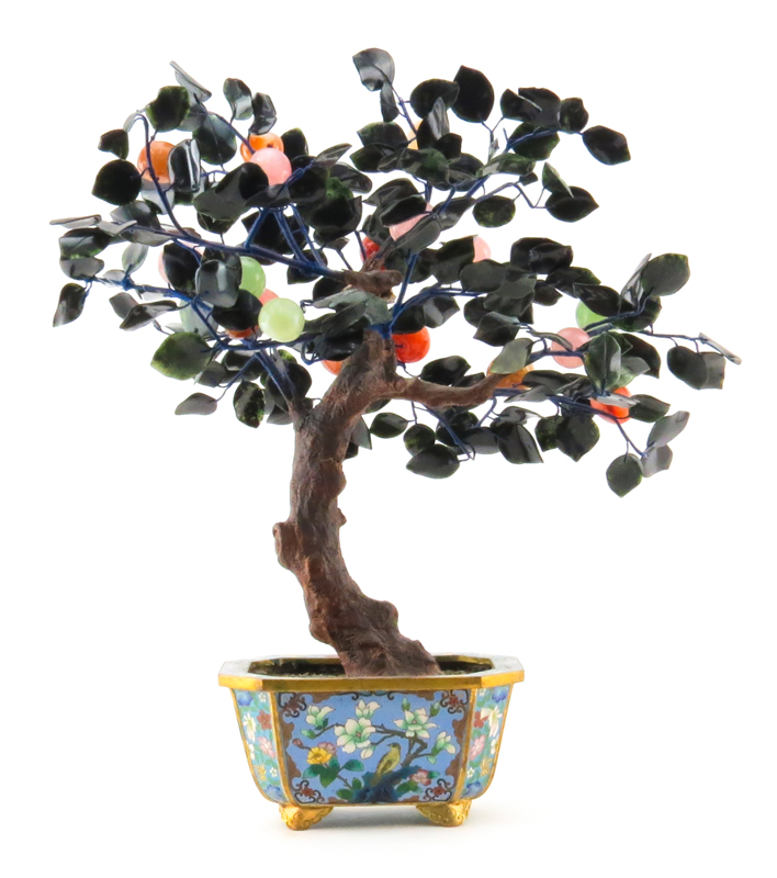 Large Vintage Chinese Gemstone Peach Tree in Cloisonne Base