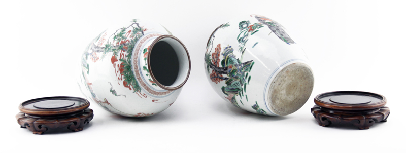 Pair of 19th Century Chinese Famille Vert Hand Painted Jars on Wooden Stands