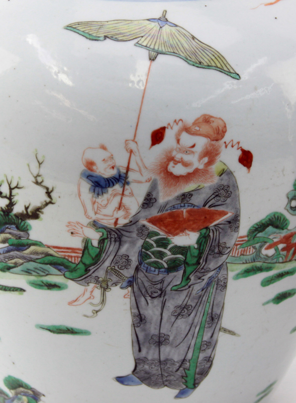 Pair of 19th Century Chinese Famille Vert Hand Painted Jars on Wooden Stands