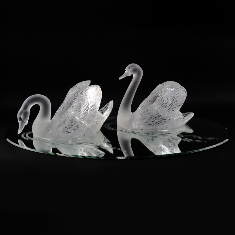 Pair Lalique Crystal Swans on Mirrored Base