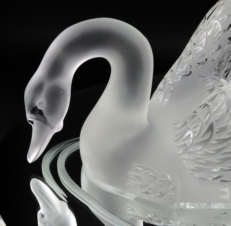 Pair Lalique Crystal Swans on Mirrored Base