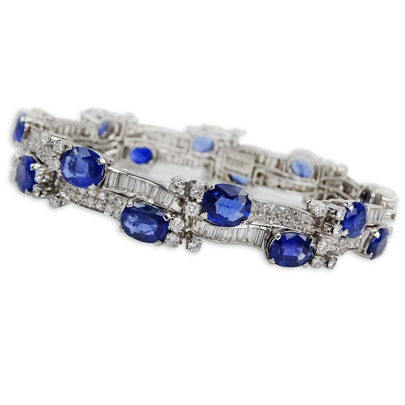  21.0 Carat Oval Cut Sapphire, 10.0 Carat Round Brilliant and Baguette Cut Diamond and Platinum Bracelet