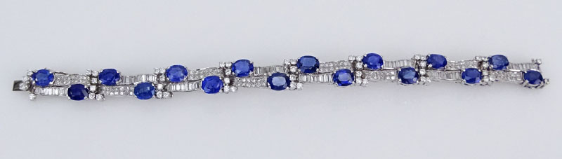  21.0 Carat Oval Cut Sapphire, 10.0 Carat Round Brilliant and Baguette Cut Diamond and Platinum Bracelet