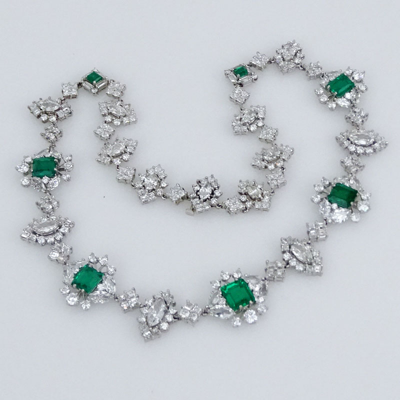 8.12 Carat Octagonal Step Cut Colombian Emerald, Approx. 46.88 Carat Round, Marquise and Square Cut Diamond and Platinum Necklace. 