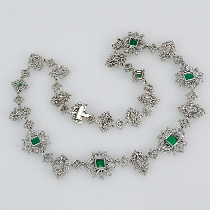 8.12 Carat Octagonal Step Cut Colombian Emerald, Approx. 46.88 Carat Round, Marquise and Square Cut Diamond and Platinum Necklace. 