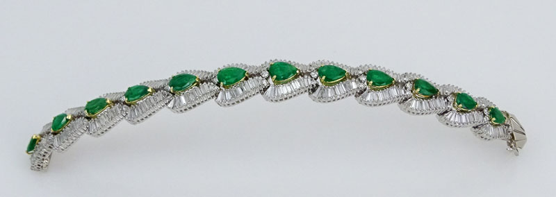 25.0 Carat Baguette Cut Diamond, 18.0 Carat Pear Shape Emerald and Platinum Bracelet.