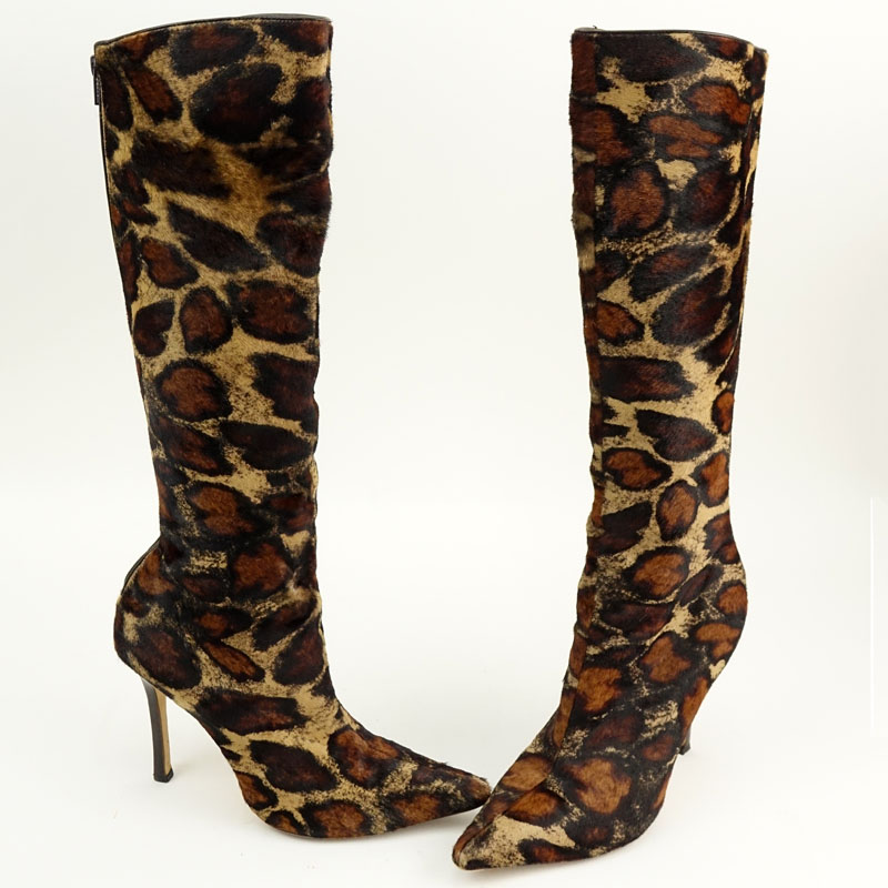 Pair Manolo Blahnik Animal Print Pony Hair Tall Boots Size 39