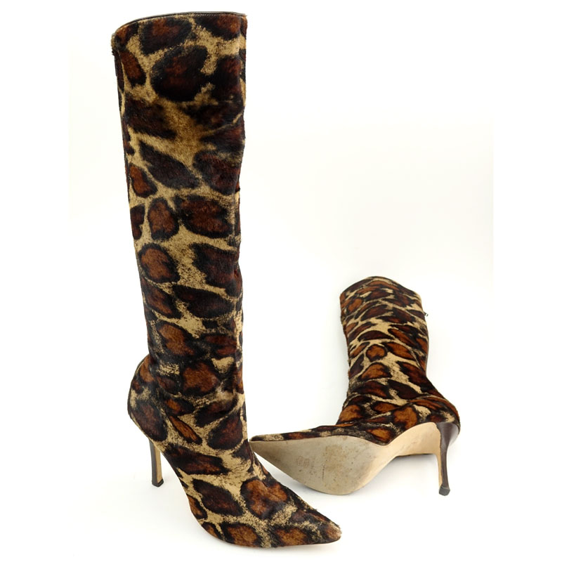 Pair Manolo Blahnik Animal Print Pony Hair Tall Boots Size 39