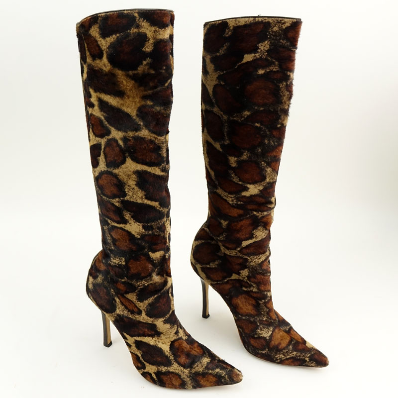 Pair Manolo Blahnik Animal Print Pony Hair Tall Boots Size 39