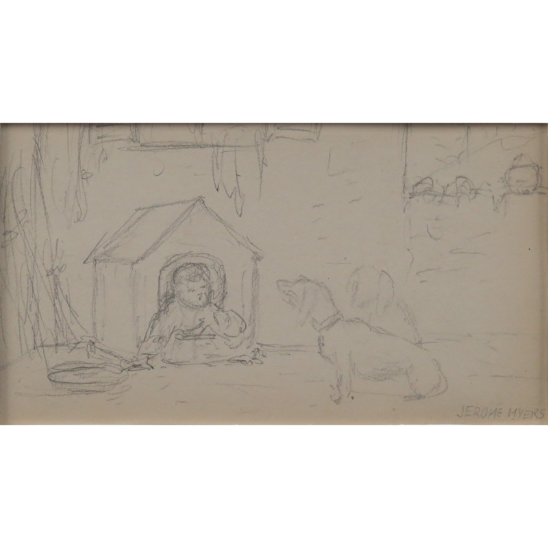 Jerome Myers, American  (1867-1940) Double Sided Pencil Sketch On Paper "Child In Dog House and Three Figures" Signed lower right