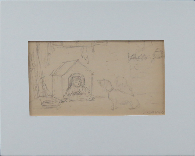 Jerome Myers, American  (1867-1940) Double Sided Pencil Sketch On Paper "Child In Dog House and Three Figures" Signed lower right