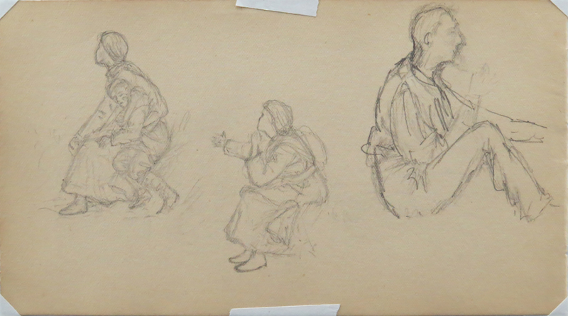 Jerome Myers, American  (1867-1940) Double Sided Pencil Sketch On Paper "Child In Dog House and Three Figures" Signed lower right