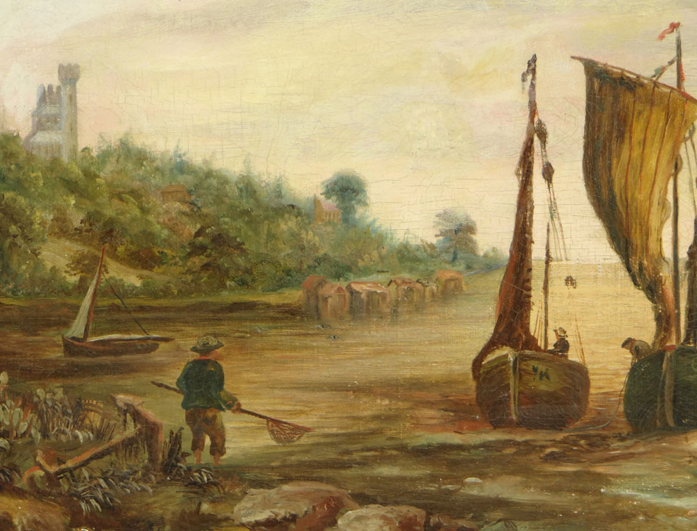 19/20th Century Continental School Oil on Canvas "Preparing the Nets" Possibly Relined or else Good Condition